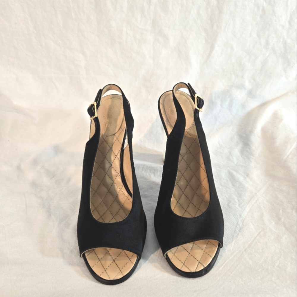 Chanel Women's Size 41 Black 2015 Runway Black Satin Lucite Heel Peep Toe Pumps - Picture 2 of 12